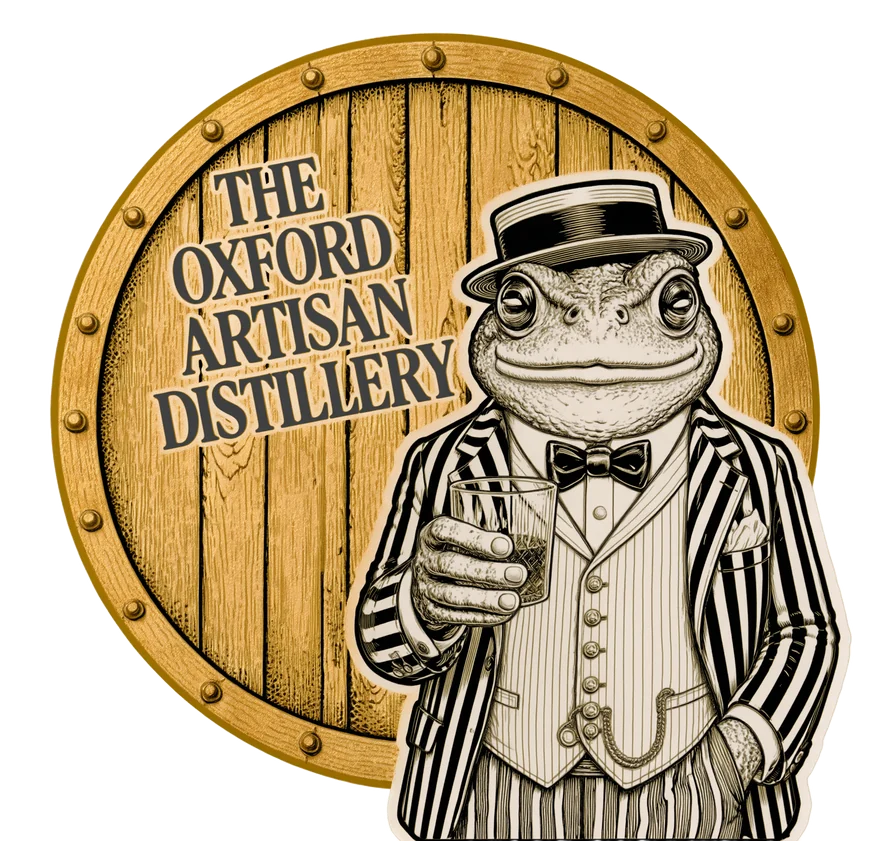 TOAD, in boater and striped suit, raising a glass in front of an Oxford Artisan Distillery cask.